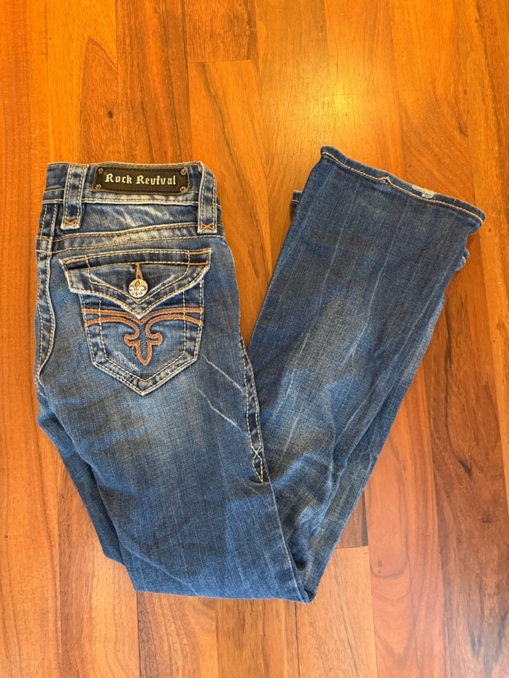 Rock Revival Women’s Medium Blue Boot Cut Jeans with Embroidered Pockets